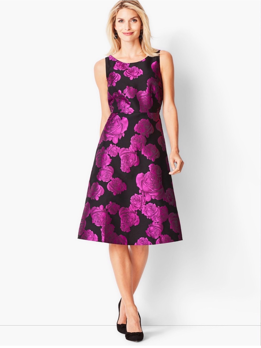 RSVP by Talbots Black Dress with Bright Fuchsia Floral Pattern